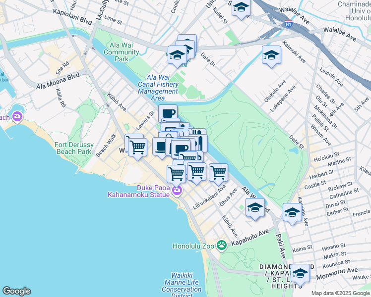 map of restaurants, bars, coffee shops, grocery stores, and more near 435 Walina Street in Honolulu