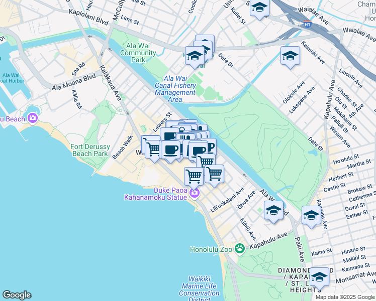 map of restaurants, bars, coffee shops, grocery stores, and more near 2330 Kūhiō Avenue in Honolulu