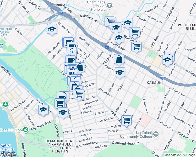 map of restaurants, bars, coffee shops, grocery stores, and more near 753 6th Avenue in Honolulu
