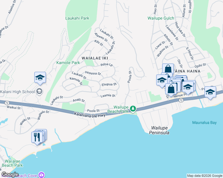 map of restaurants, bars, coffee shops, grocery stores, and more near 1434 Laamia Street in Honolulu