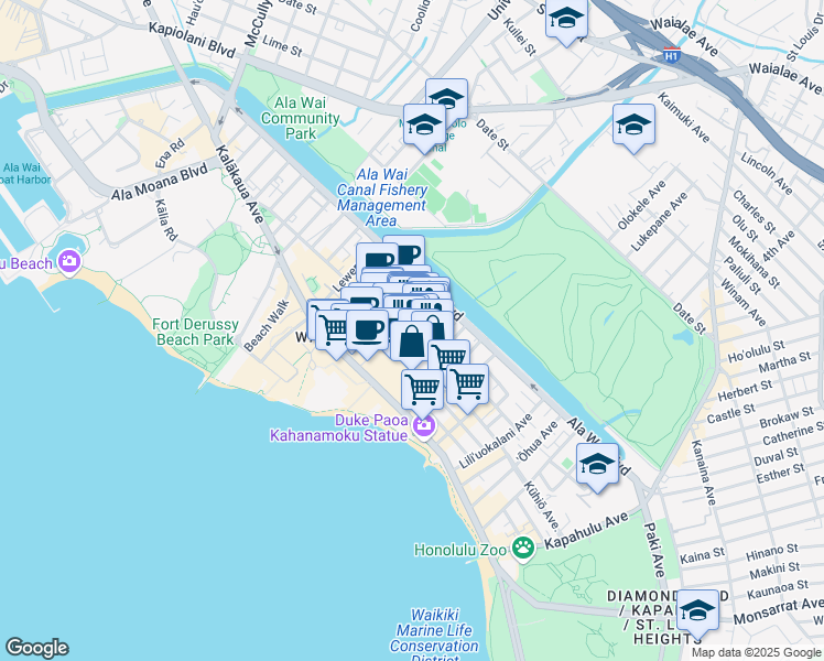 map of restaurants, bars, coffee shops, grocery stores, and more near 631 Kuhio Avenue in Honolulu