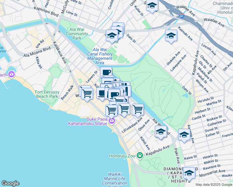 map of restaurants, bars, coffee shops, grocery stores, and more near 435 Walina Street in Honolulu