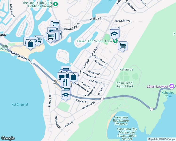 map of restaurants, bars, coffee shops, grocery stores, and more near 234 Anapalau Street in Honolulu