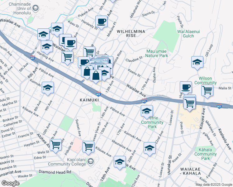 map of restaurants, bars, coffee shops, grocery stores, and more near 1045 14th Avenue in Honolulu