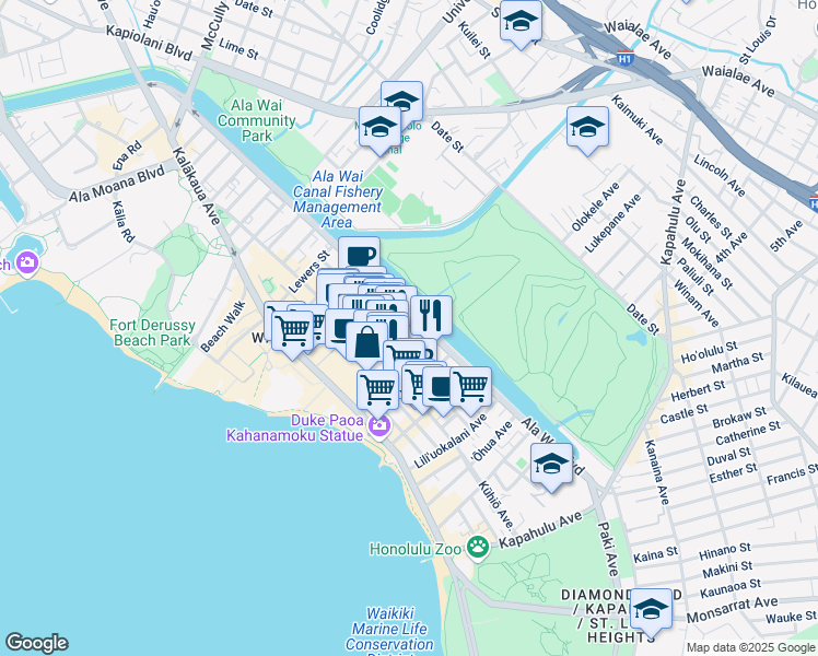 map of restaurants, bars, coffee shops, grocery stores, and more near 435 Walina Street in Honolulu