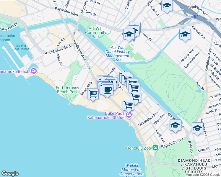 map of restaurants, bars, coffee shops, grocery stores, and more near in Honolulu