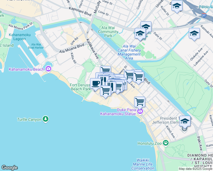 map of restaurants, bars, coffee shops, grocery stores, and more near 240 Lewers Street in Honolulu