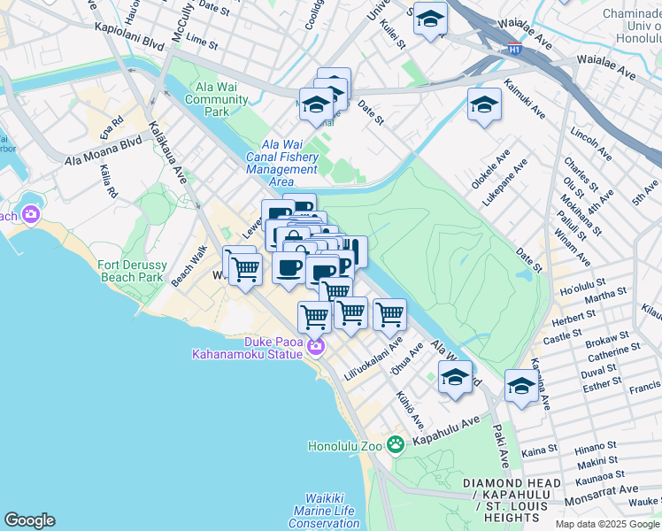 map of restaurants, bars, coffee shops, grocery stores, and more near 2350 Ala Wai Boulevard in Honolulu