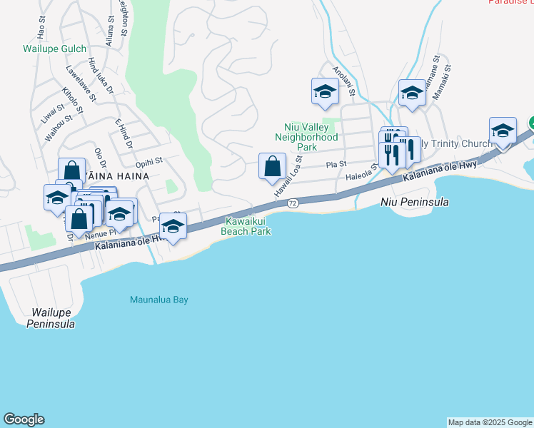 map of restaurants, bars, coffee shops, grocery stores, and more near 104 Hawaii Loa Street in Honolulu