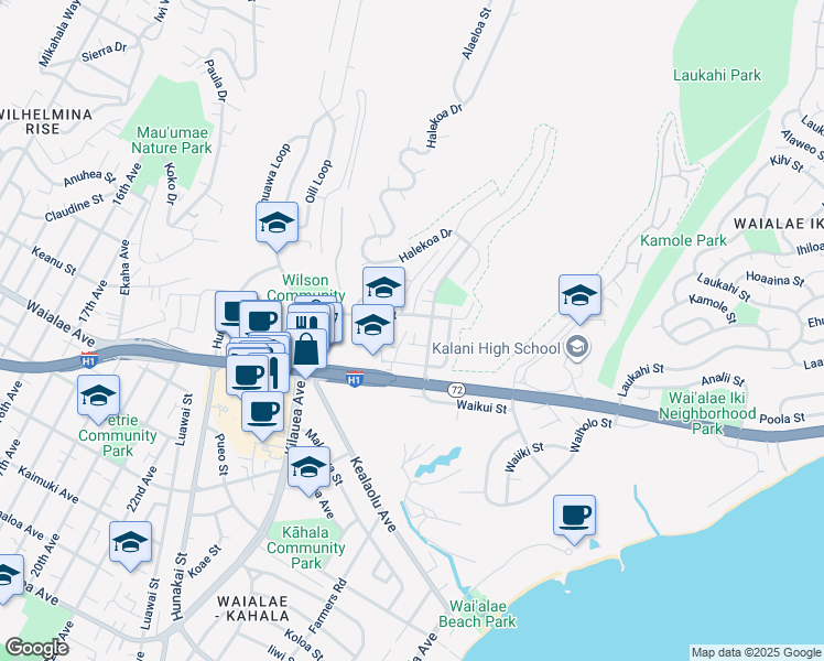 map of restaurants, bars, coffee shops, grocery stores, and more near 4482 Malia Street in Honolulu
