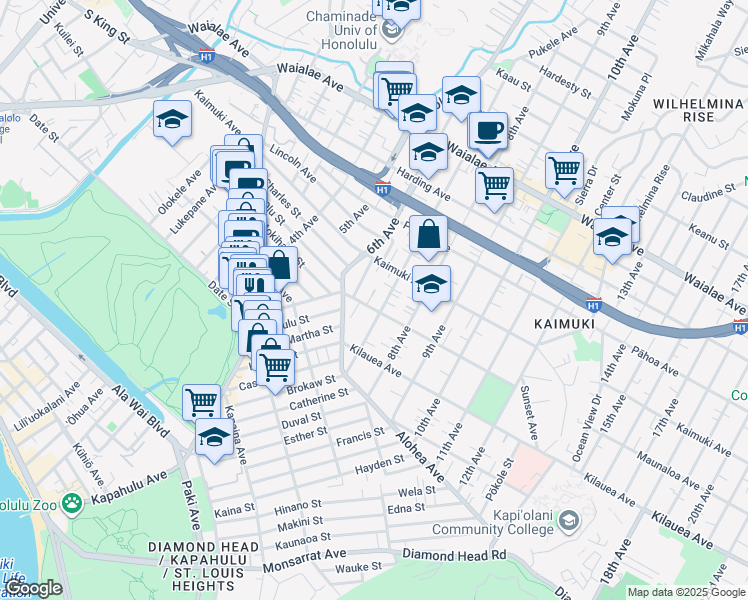 map of restaurants, bars, coffee shops, grocery stores, and more near 827 Paahana Street in Honolulu