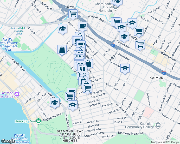 map of restaurants, bars, coffee shops, grocery stores, and more near 3241 Paliuli Street in Honolulu