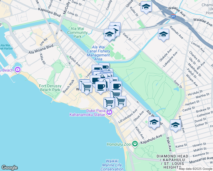 map of restaurants, bars, coffee shops, grocery stores, and more near 445 Nohonani Street in Honolulu