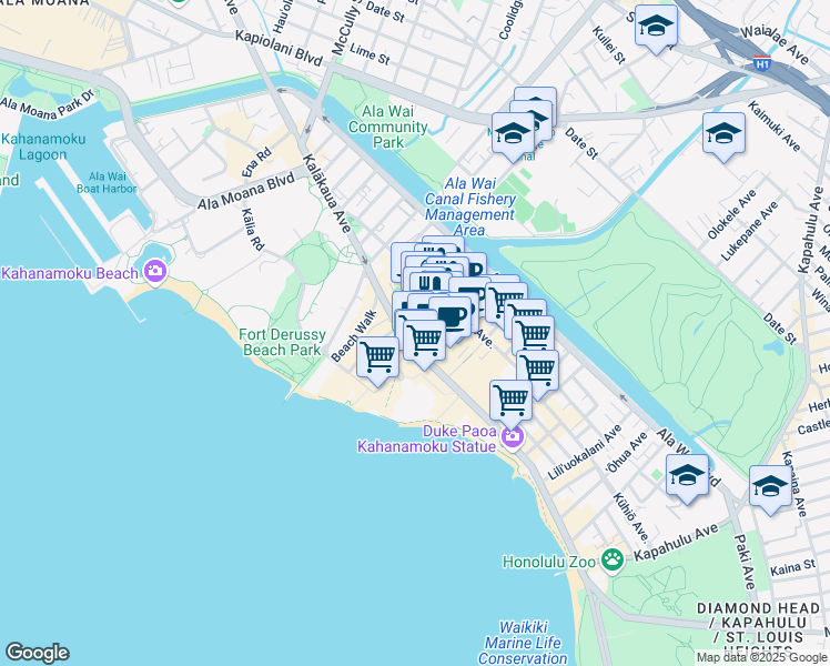 map of restaurants, bars, coffee shops, grocery stores, and more near 330 Royal Hawaiian Avenue in Honolulu