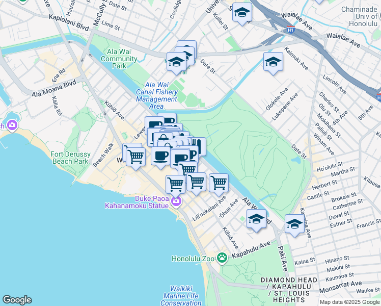 map of restaurants, bars, coffee shops, grocery stores, and more near 2350 Ala Wai Boulevard in Honolulu