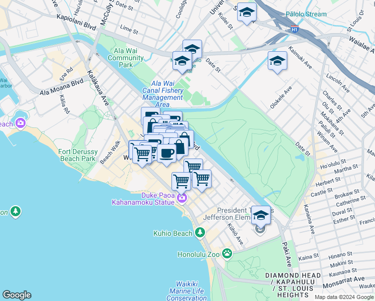 map of restaurants, bars, coffee shops, grocery stores, and more near Nahua Street in Honolulu