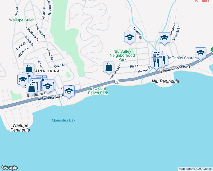 map of restaurants, bars, coffee shops, grocery stores, and more near 104 Hawaii Loa Street in Honolulu