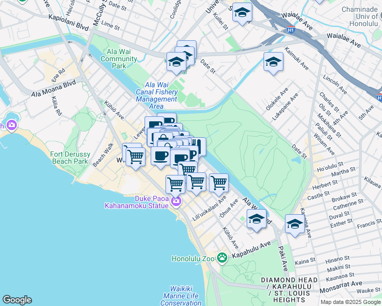 map of restaurants, bars, coffee shops, grocery stores, and more near in Honolulu