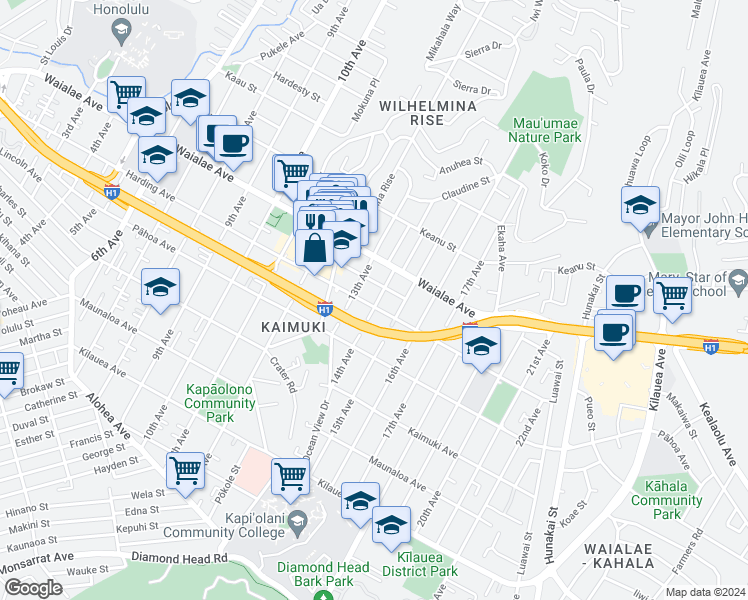 map of restaurants, bars, coffee shops, grocery stores, and more near 1108 14th Avenue in Honolulu