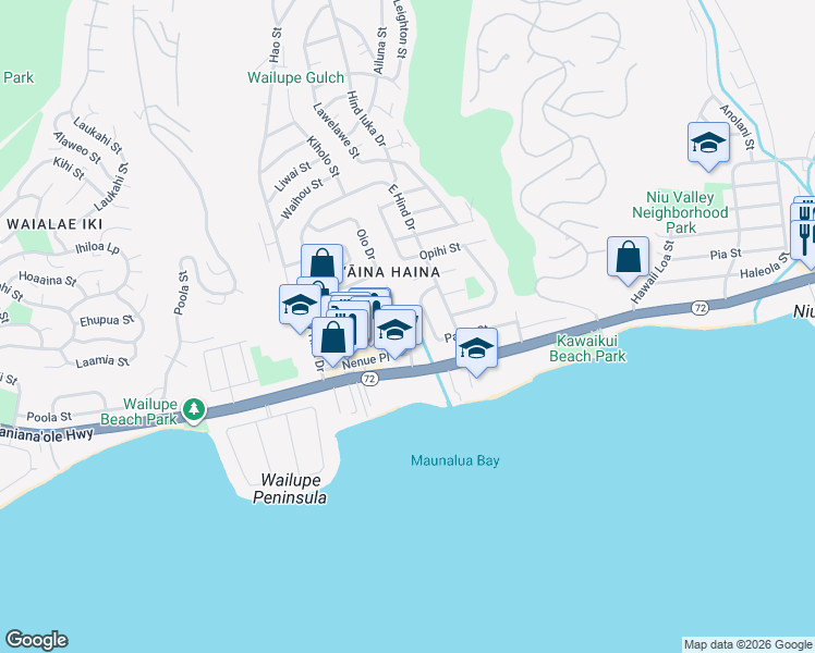 map of restaurants, bars, coffee shops, grocery stores, and more near 155 Nenue Street in Honolulu