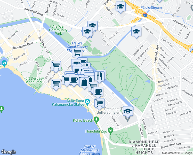 map of restaurants, bars, coffee shops, grocery stores, and more near 2354 Ala Wai Boulevard in Honolulu