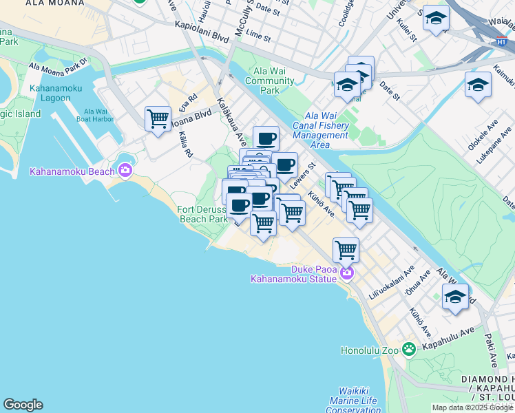 map of restaurants, bars, coffee shops, grocery stores, and more near 253 Beach Walk in Honolulu
