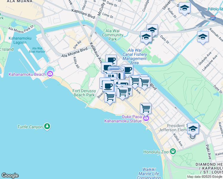 map of restaurants, bars, coffee shops, grocery stores, and more near 2181 Kalakaua Avenue in Honolulu