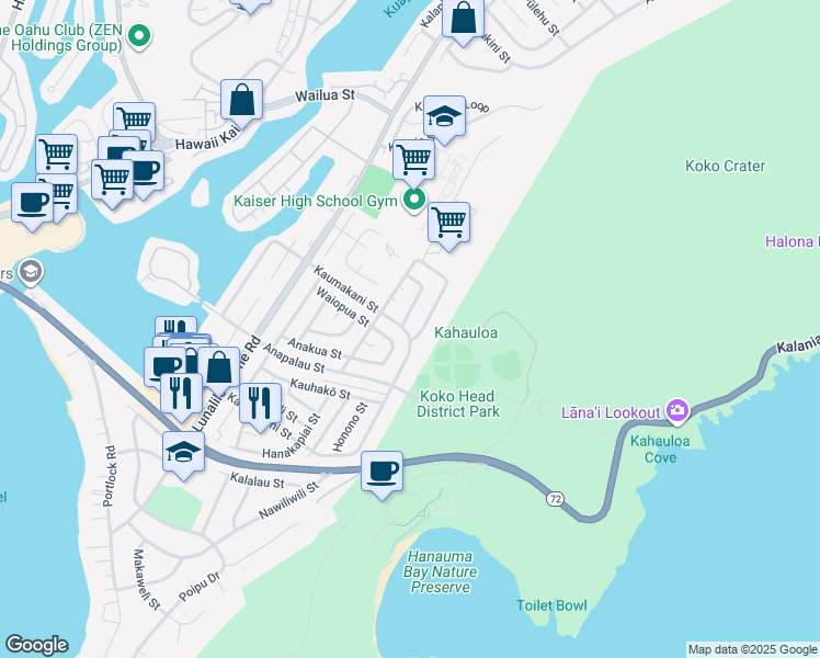 map of restaurants, bars, coffee shops, grocery stores, and more near 489 Kaumakani Street in Honolulu