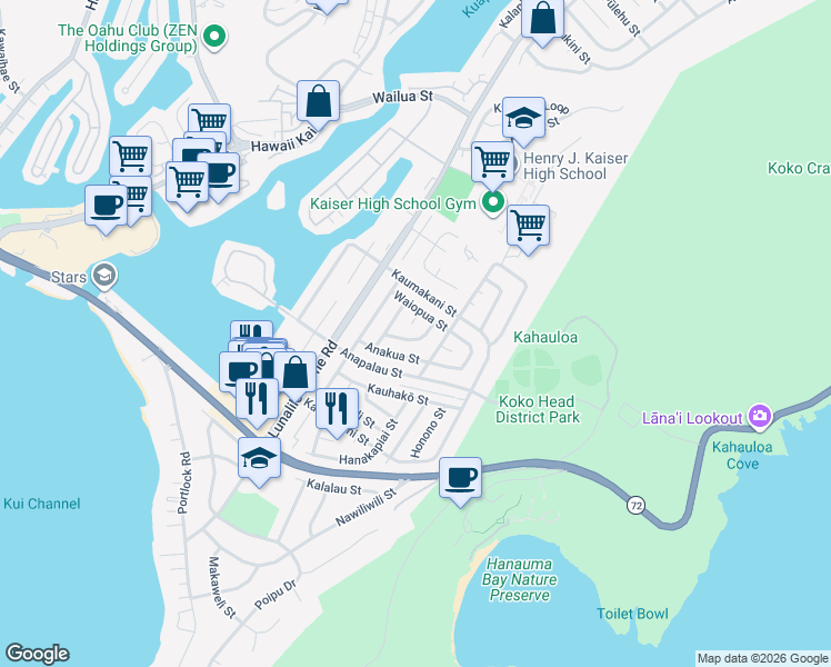 map of restaurants, bars, coffee shops, grocery stores, and more near 363 Paliku Street in Honolulu