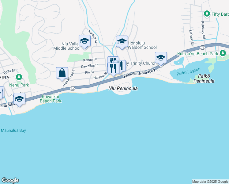 map of restaurants, bars, coffee shops, grocery stores, and more near 45 Niuiki Circle in Honolulu