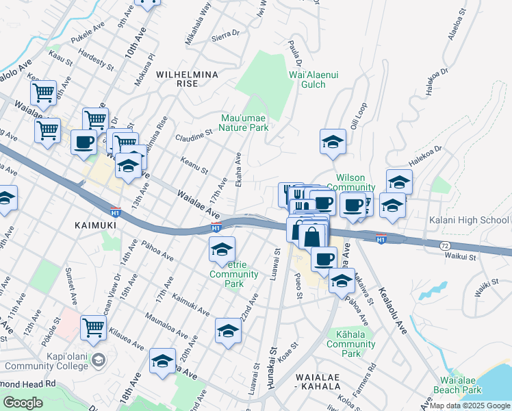 map of restaurants, bars, coffee shops, grocery stores, and more near 4023C Keanu Street in Honolulu