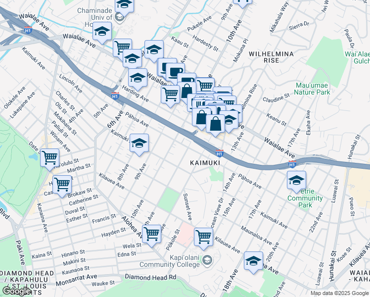 map of restaurants, bars, coffee shops, grocery stores, and more near 1011 11th Avenue in Honolulu