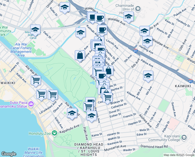 map of restaurants, bars, coffee shops, grocery stores, and more near 709A Palani Avenue in Honolulu