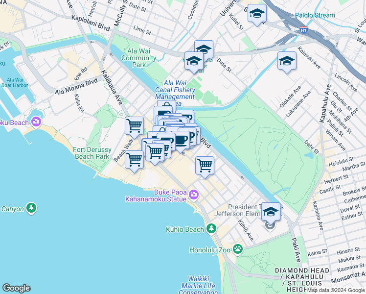 map of restaurants, bars, coffee shops, grocery stores, and more near 2255 Kūhiō Avenue in Honolulu