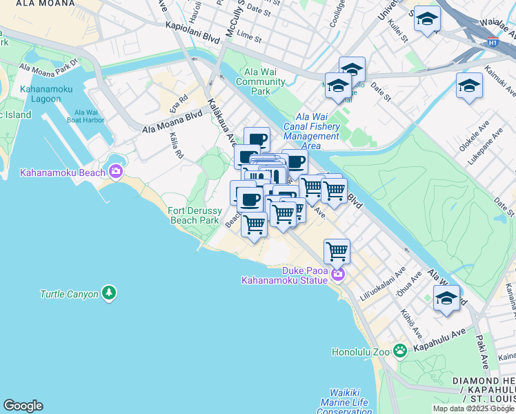map of restaurants, bars, coffee shops, grocery stores, and more near in Honolulu