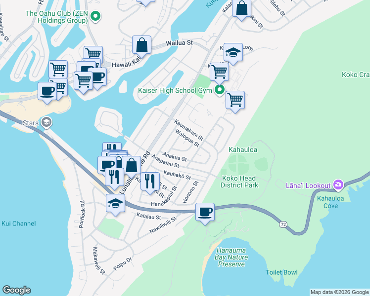 map of restaurants, bars, coffee shops, grocery stores, and more near 363 Paliku Street in Honolulu