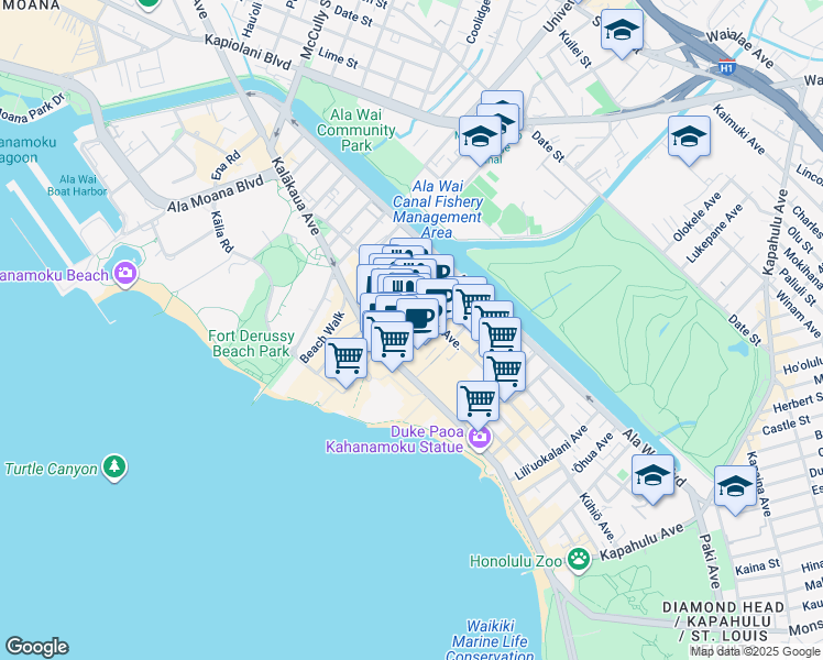map of restaurants, bars, coffee shops, grocery stores, and more near 330 Royal Hawaiian Avenue in Honolulu