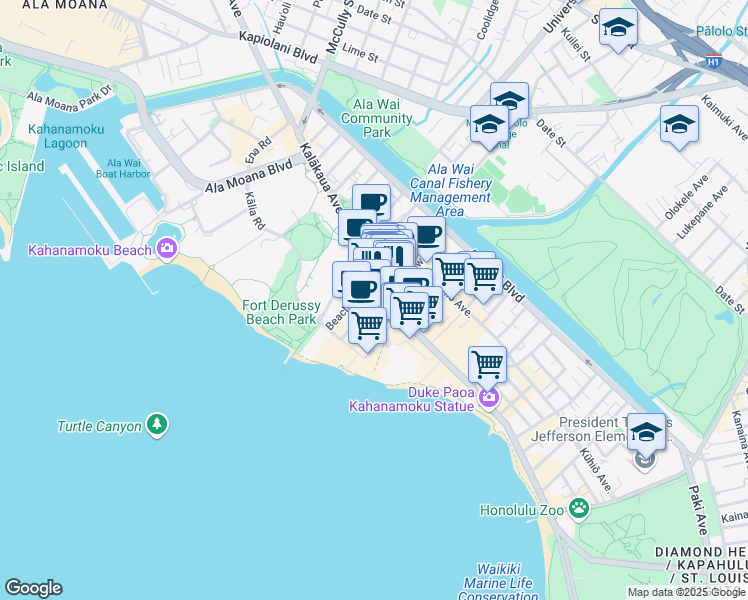 map of restaurants, bars, coffee shops, grocery stores, and more near 2181 Kalākaua Avenue in Honolulu