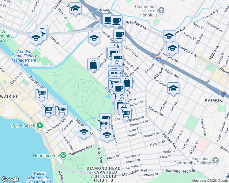map of restaurants, bars, coffee shops, grocery stores, and more near 711 Kamuela Avenue in Honolulu