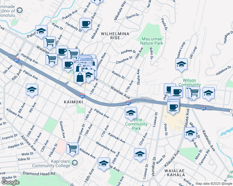 map of restaurants, bars, coffee shops, grocery stores, and more near 1152 16th Avenue in Honolulu