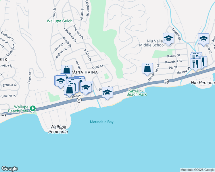 map of restaurants, bars, coffee shops, grocery stores, and more near 5350 Papai Street in Honolulu