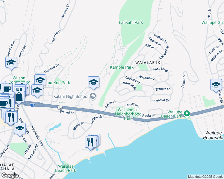 map of restaurants, bars, coffee shops, grocery stores, and more near 4628 Kalaniiki Place in Honolulu