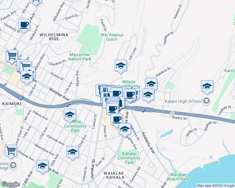 map of restaurants, bars, coffee shops, grocery stores, and more near 4185 Keanu Street in Honolulu