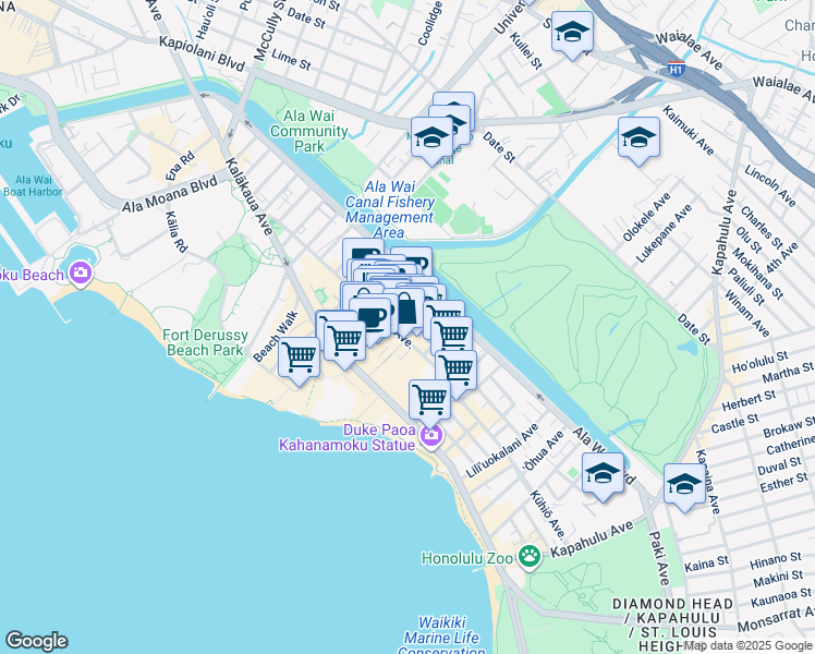 map of restaurants, bars, coffee shops, grocery stores, and more near 2280 Kūhiō Avenue in Honolulu
