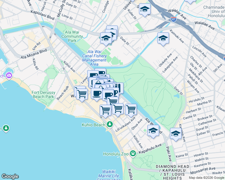 map of restaurants, bars, coffee shops, grocery stores, and more near 2350 Ala Wai Boulevard in Honolulu