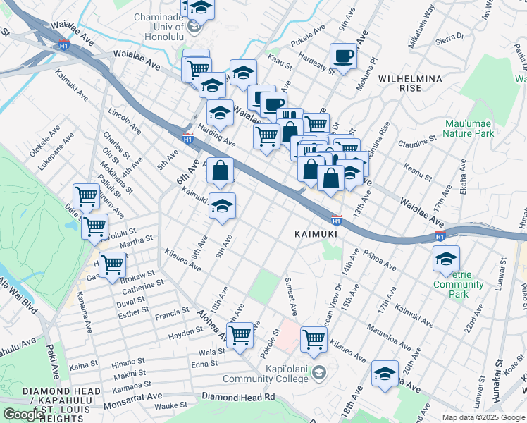 map of restaurants, bars, coffee shops, grocery stores, and more near 957 10th Avenue in Honolulu