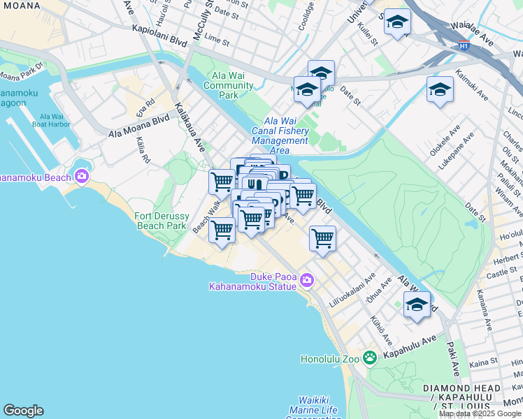 map of restaurants, bars, coffee shops, grocery stores, and more near 330 Royal Hawaiian Avenue in Honolulu
