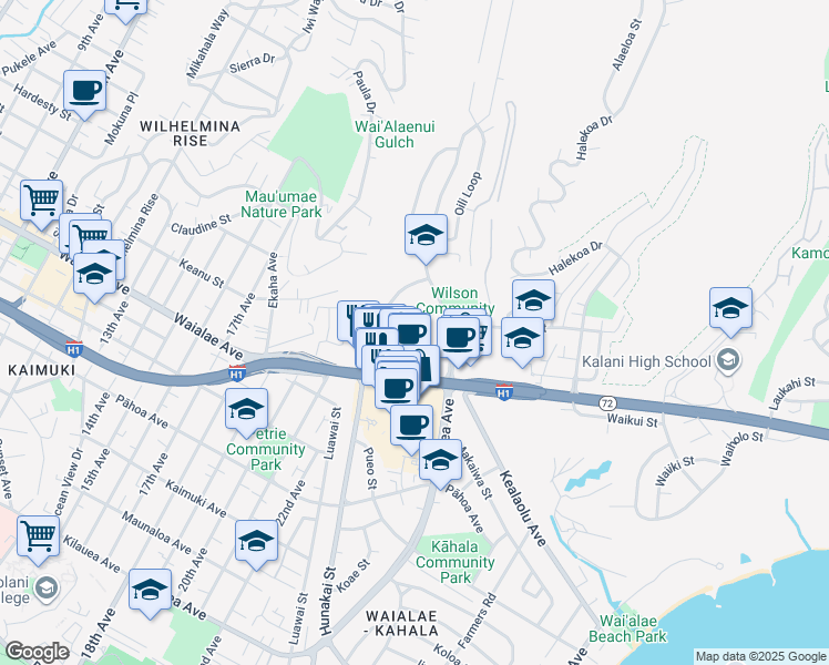 map of restaurants, bars, coffee shops, grocery stores, and more near 4185 Keanu Street in Honolulu