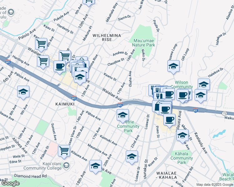 map of restaurants, bars, coffee shops, grocery stores, and more near 1237 17th Avenue in Honolulu
