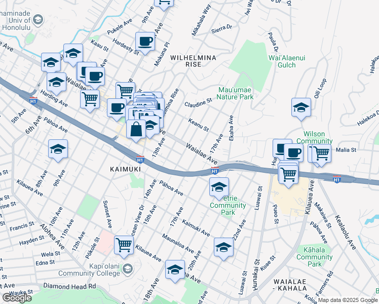 map of restaurants, bars, coffee shops, grocery stores, and more near 1148 15th Avenue in Honolulu
